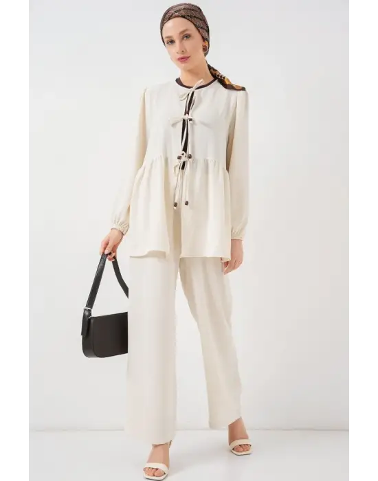 Önü Bağcıklı Tunik Pantolon İkili Takım 6744 - Ekru