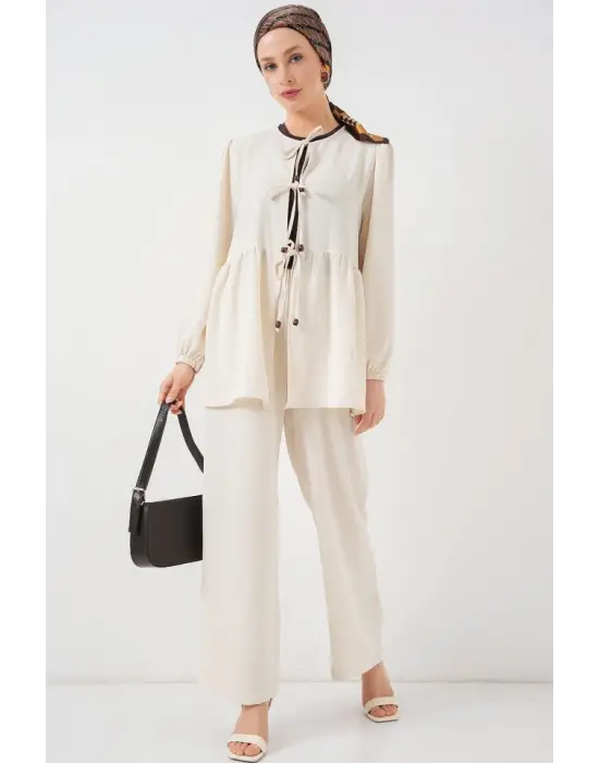 Önü Bağcıklı Tunik Pantolon İkili Takım 6744 - Ekru