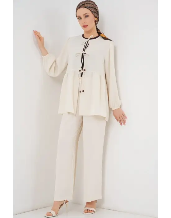 Önü Bağcıklı Tunik Pantolon İkili Takım 6744 - Ekru