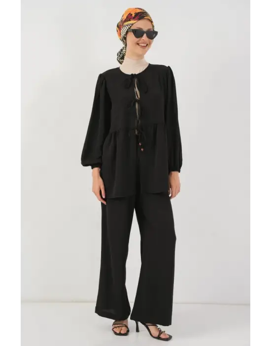 Önü Bağcıklı Tunik Pantolon İkili Takım 6744 - Siyah