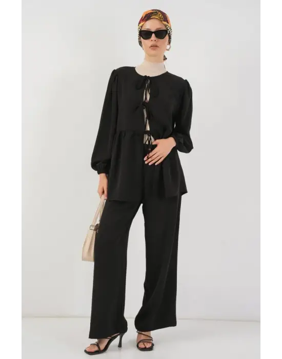 Önü Bağcıklı Tunik Pantolon İkili Takım 6744 - Siyah