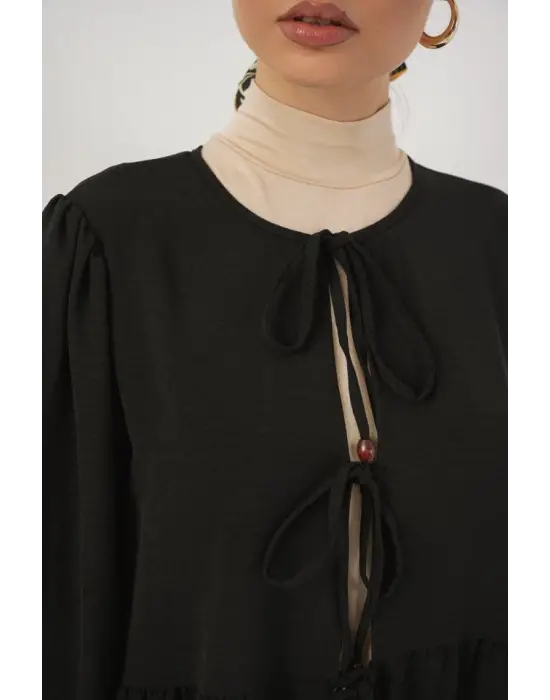 Önü Bağcıklı Tunik Pantolon İkili Takım 6744 - Siyah