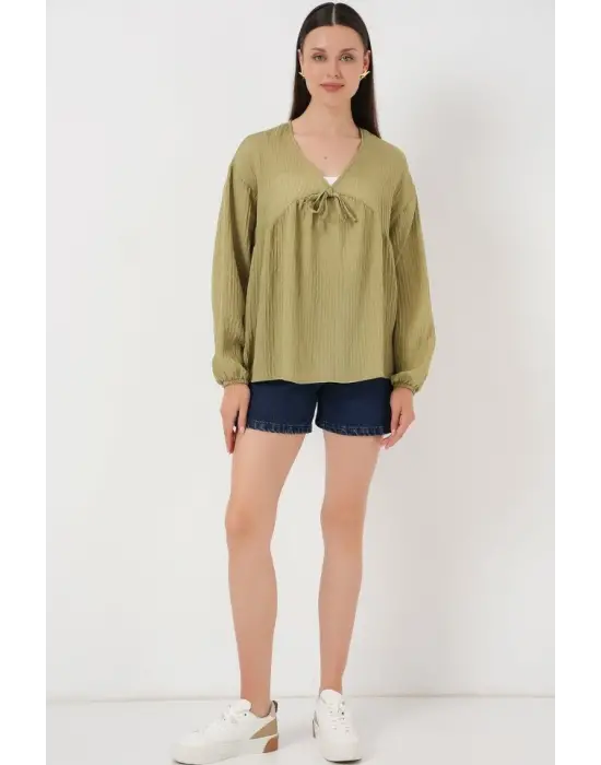 Önü Bağcıklı Uzun Kol Bluz 946 - Çağla