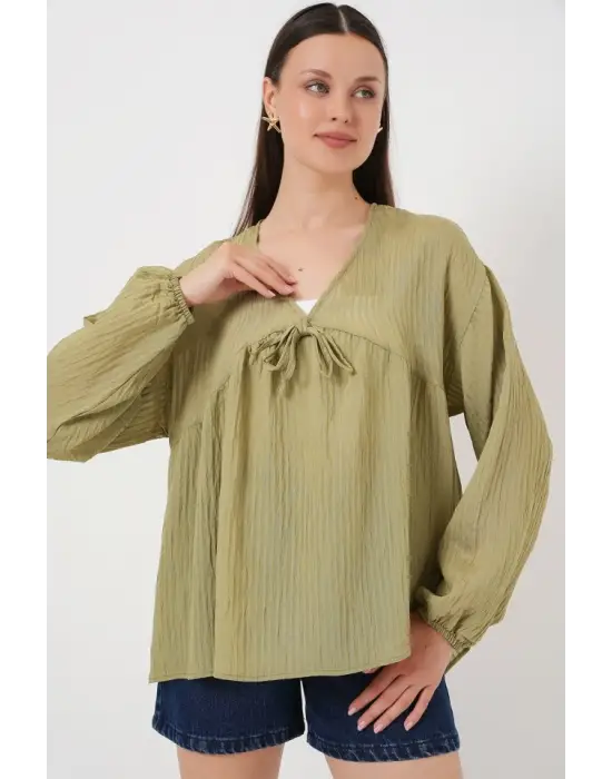 Önü Bağcıklı Uzun Kol Bluz 946 - Çağla