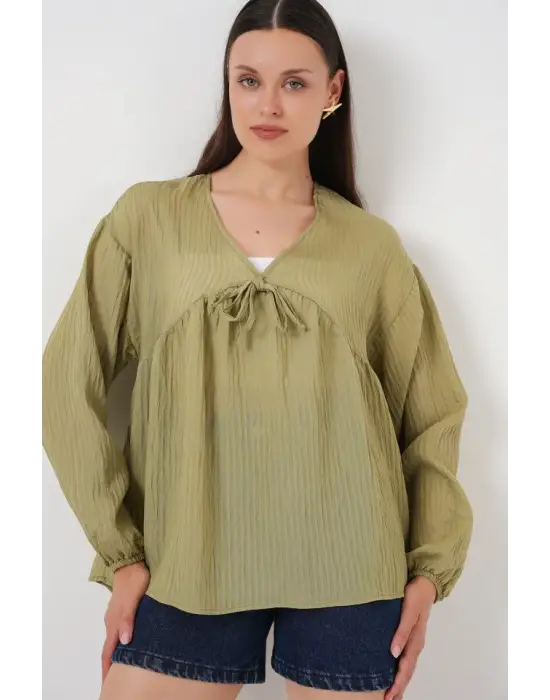 Önü Bağcıklı Uzun Kol Bluz 946 - Çağla
