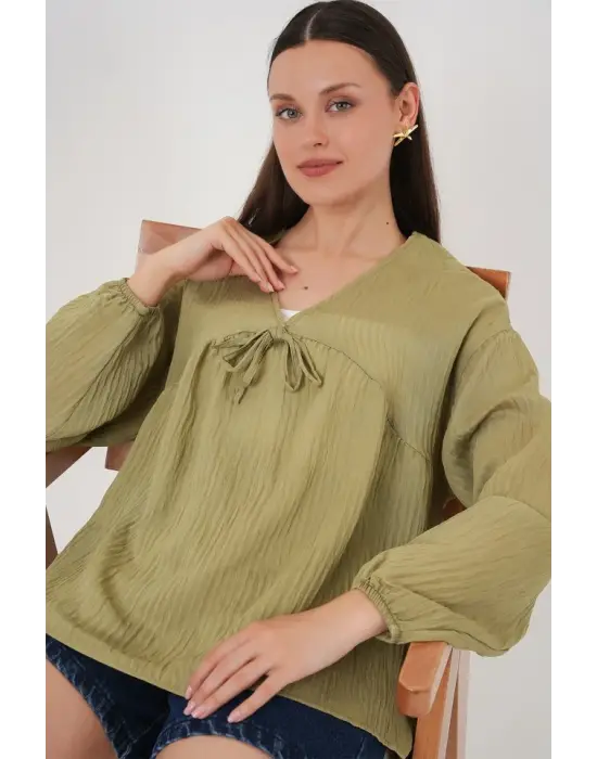 Önü Bağcıklı Uzun Kol Bluz 946 - Çağla