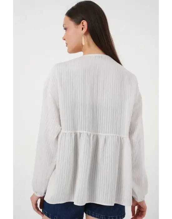 Önü Bağcıklı Uzun Kol Bluz 946 - Ekru