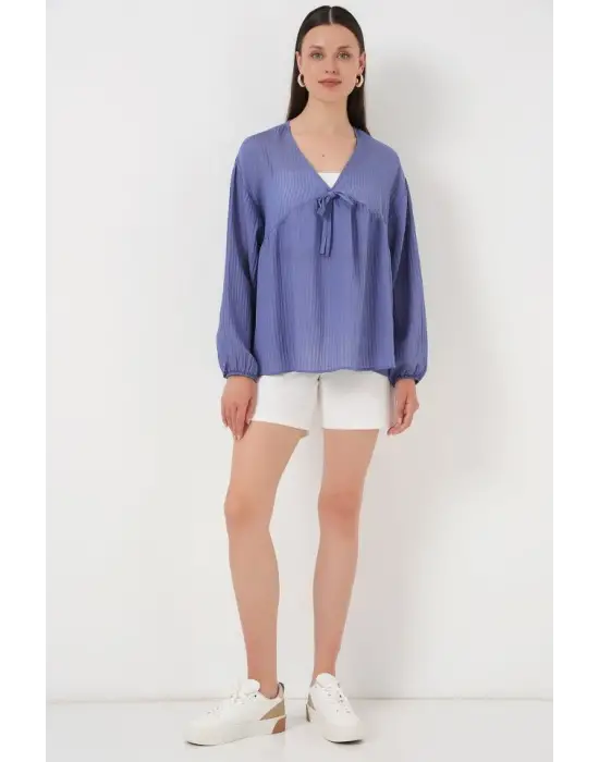 Önü Bağcıklı Uzun Kol Bluz 946 - İndigo