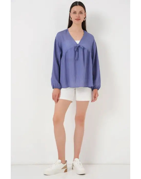 Önü Bağcıklı Uzun Kol Bluz 946 - İndigo