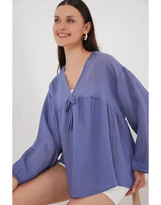 Önü Bağcıklı Uzun Kol Bluz 946 - İndigo