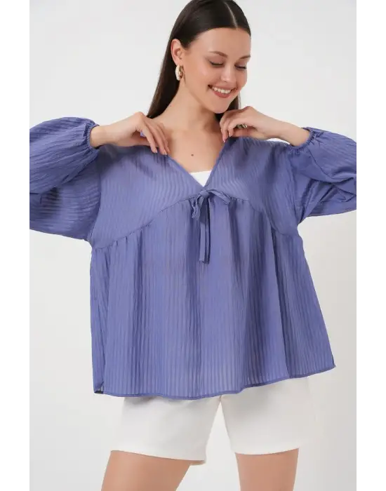 Önü Bağcıklı Uzun Kol Bluz 946 - İndigo