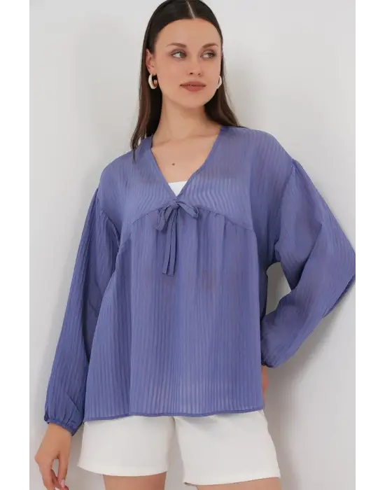 Önü Bağcıklı Uzun Kol Bluz 946 - İndigo