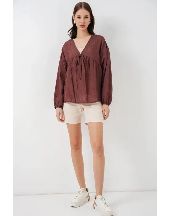 Önü Bağcıklı Uzun Kol Bluz 946 - Kahverengi