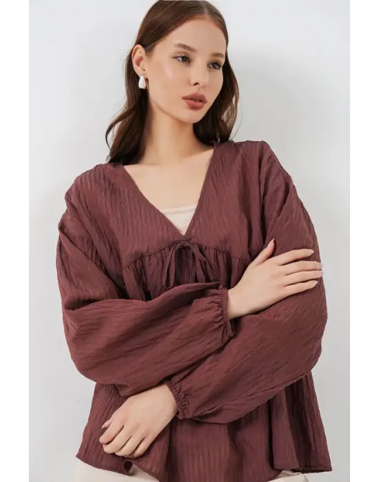 Önü Bağcıklı Uzun Kol Bluz 946 - Kahverengi