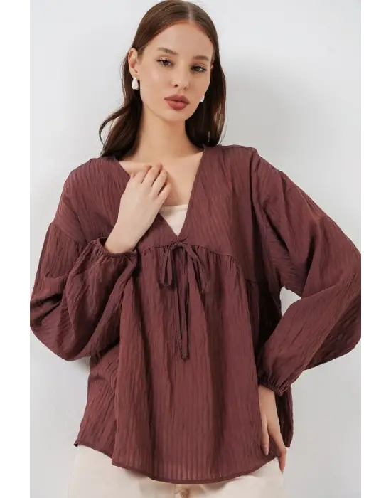 Önü Bağcıklı Uzun Kol Bluz 946 - Kahverengi