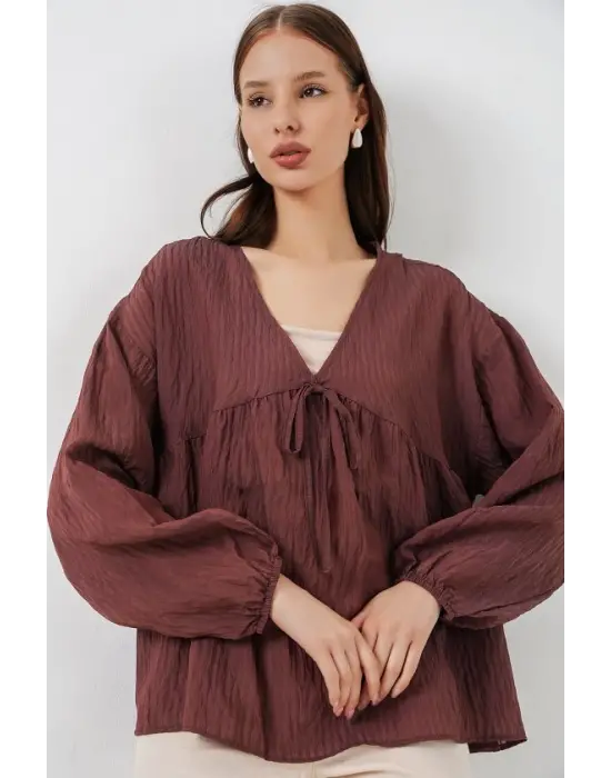 Önü Bağcıklı Uzun Kol Bluz 946 - Kahverengi