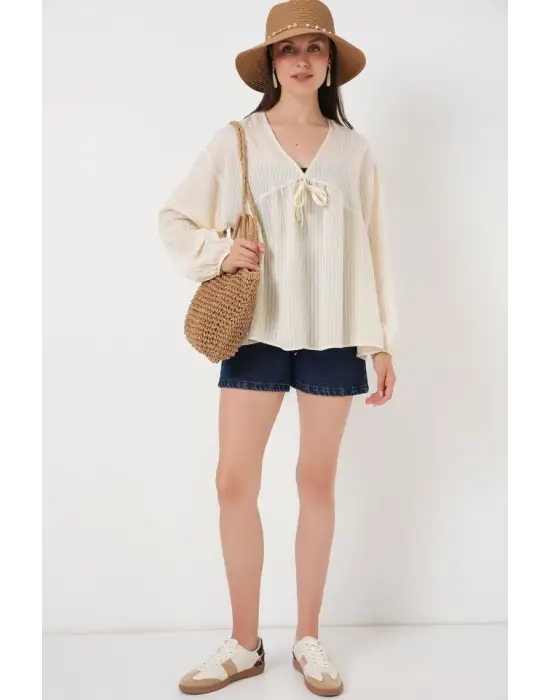 Önü Bağcıklı Uzun Kol Bluz 946 - Krem