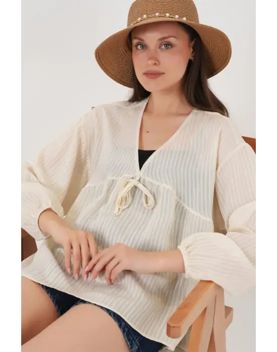 Önü Bağcıklı Uzun Kol Bluz 946 - Krem