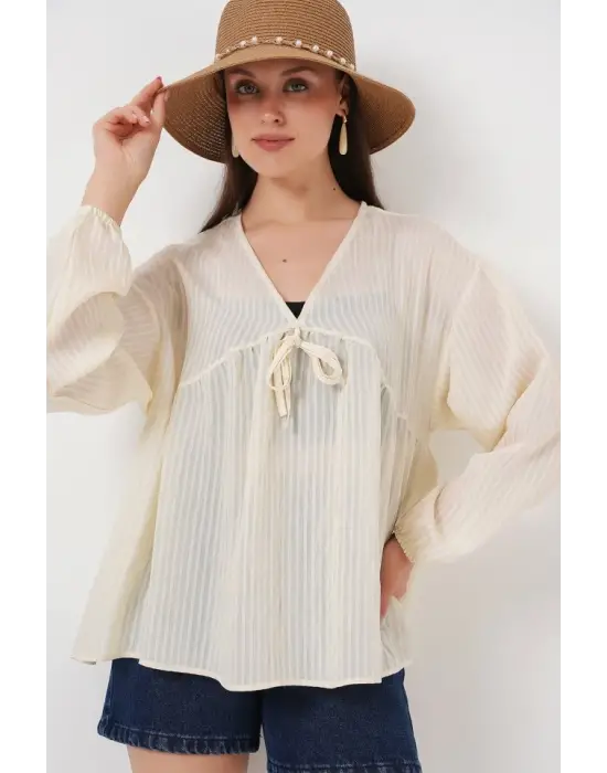 Önü Bağcıklı Uzun Kol Bluz 946 - Krem