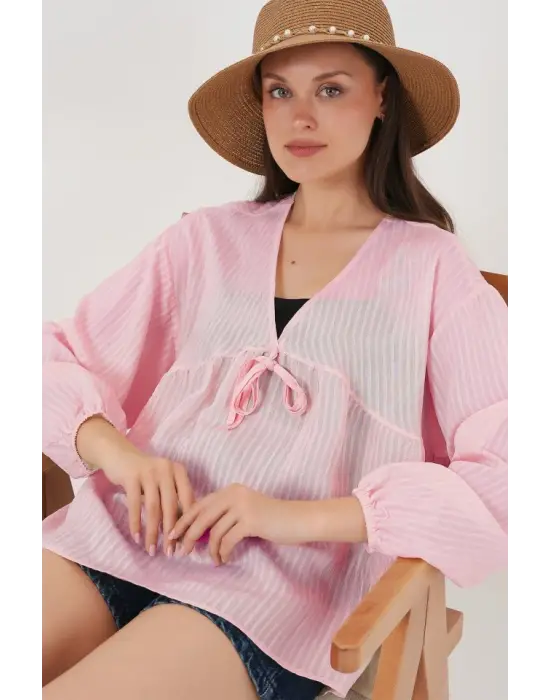 Önü Bağcıklı Uzun Kol Bluz 946 - Pembe