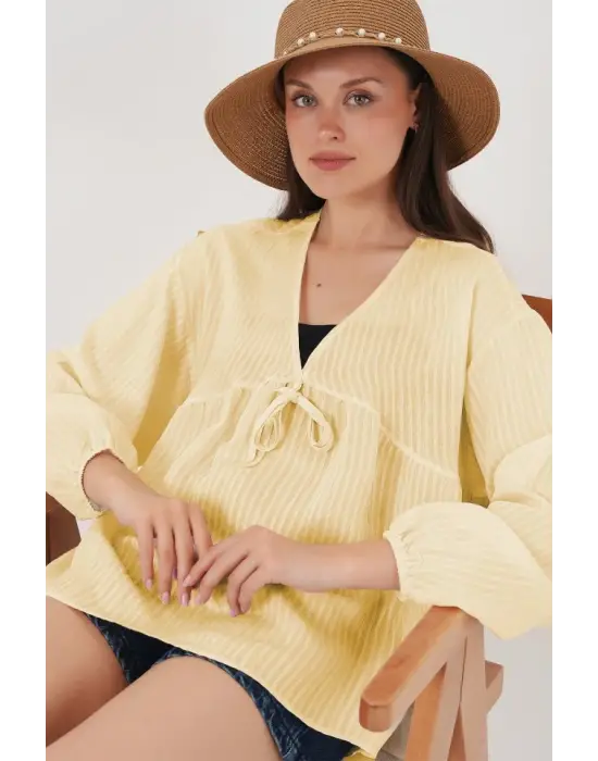 Önü Bağcıklı Uzun Kol Bluz 946 - Sarı