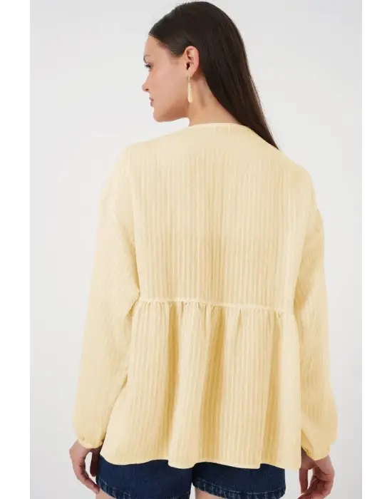 Önü Bağcıklı Uzun Kol Bluz 946 - Sarı