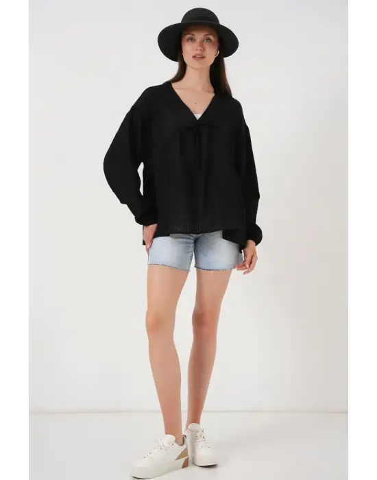 Önü Bağcıklı Uzun Kol Bluz 946 - Siyah