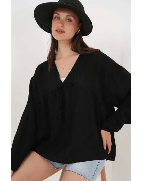 Önü Bağcıklı Uzun Kol Bluz 946 - Siyah