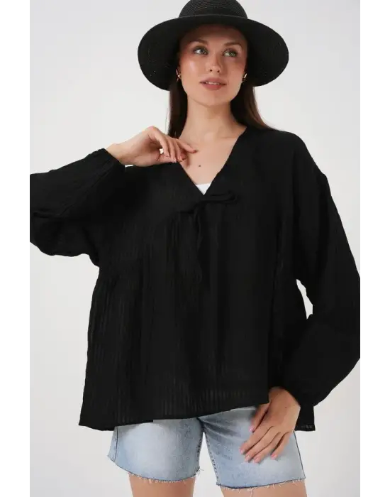 Önü Bağcıklı Uzun Kol Bluz 946 - Siyah