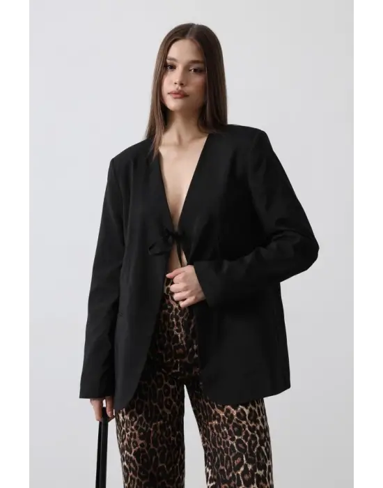 Önü Bağlamalı Blazer Ceket - Siyah