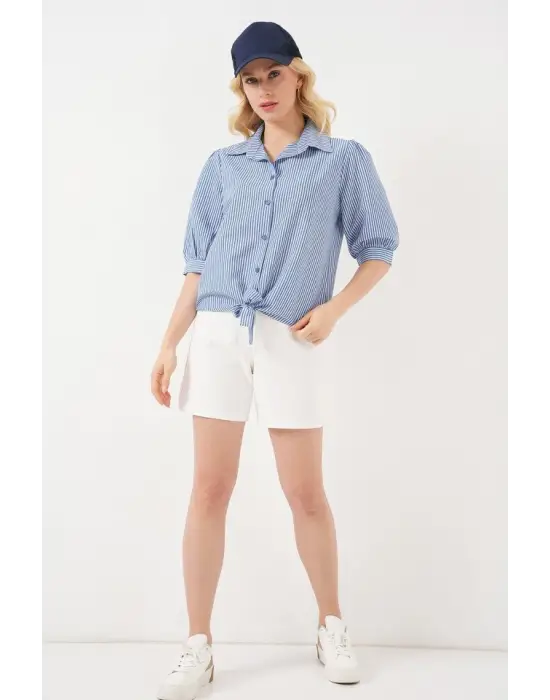 Önü Bağlamalı Çizgili Gömlek 20323 - Lacivert