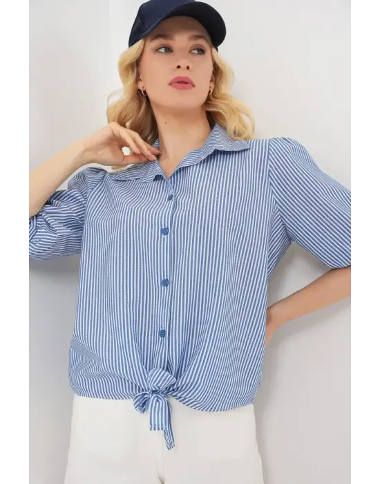 Önü Bağlamalı Çizgili Gömlek 20323 - Lacivert