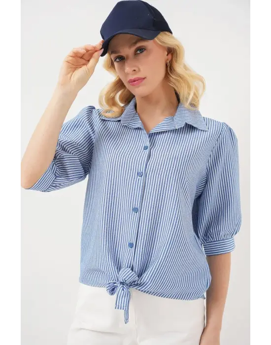 Önü Bağlamalı Çizgili Gömlek 20323 - Lacivert