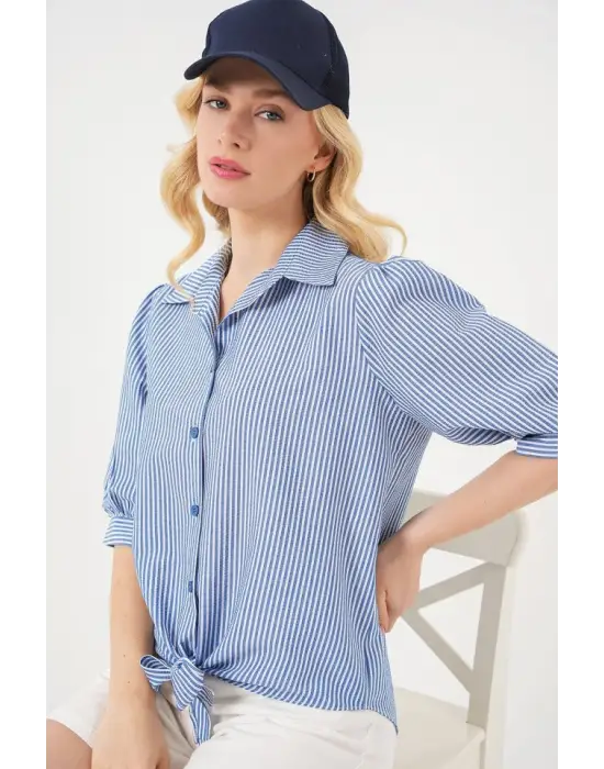 Önü Bağlamalı Çizgili Gömlek 20323 - Lacivert