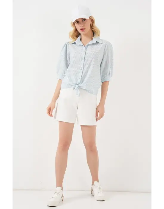 Önü Bağlamalı Çizgili Gömlek 20323 - Mavi