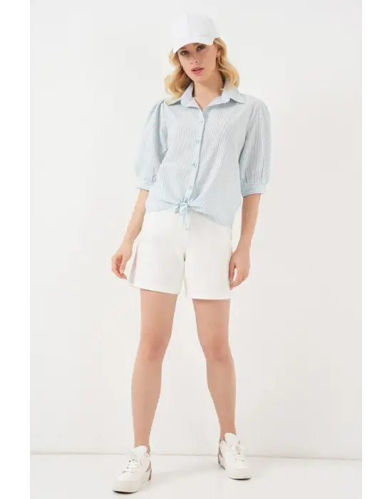 Önü Bağlamalı Çizgili Gömlek 20323 - Mavi