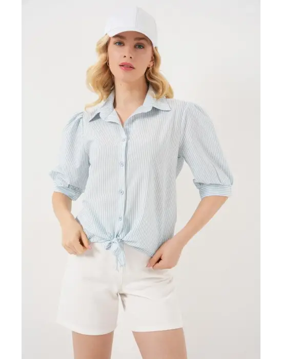 Önü Bağlamalı Çizgili Gömlek 20323 - Mavi