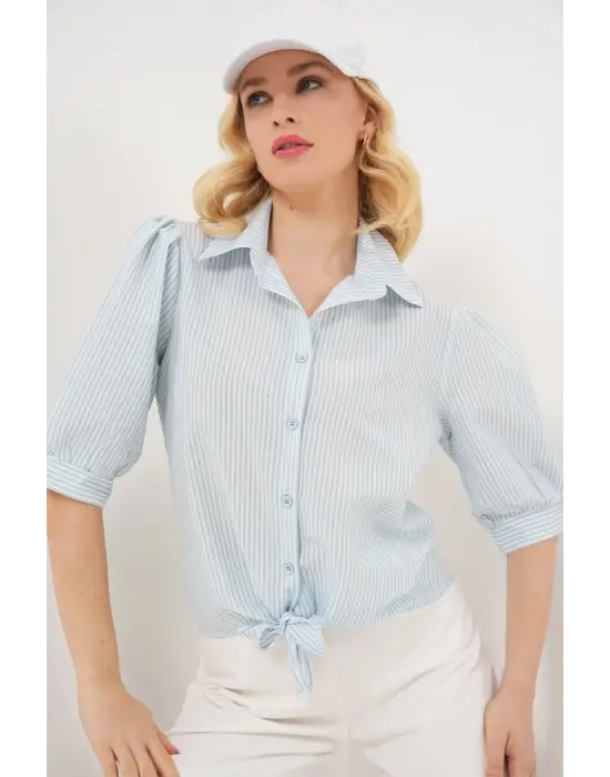 Önü Bağlamalı Çizgili Gömlek 20323 - Mavi