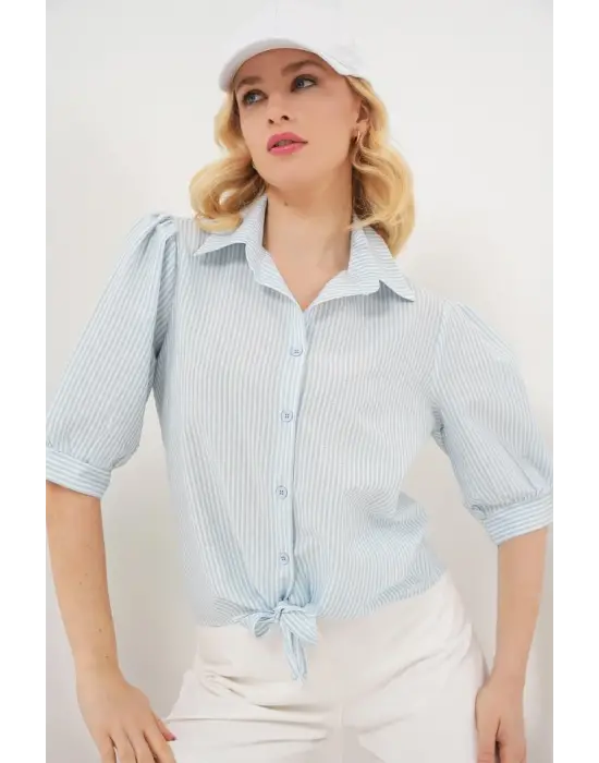 Önü Bağlamalı Çizgili Gömlek 20323 - Mavi