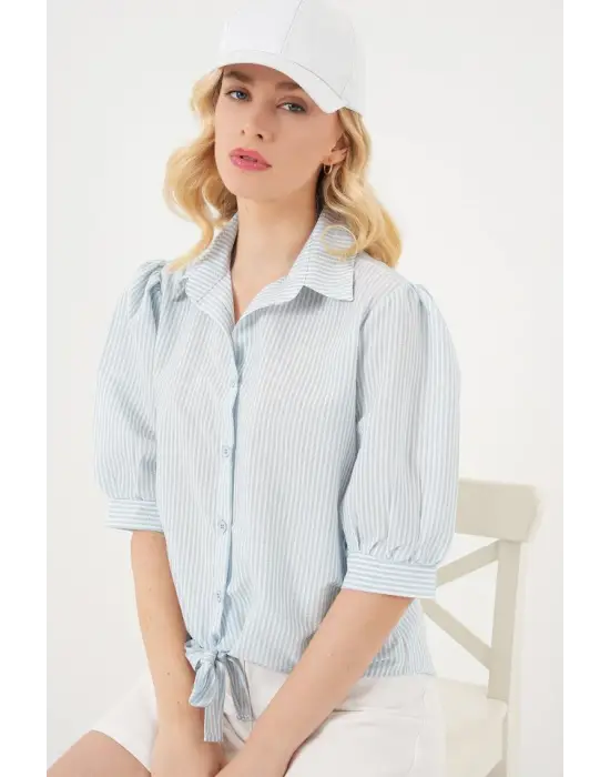 Önü Bağlamalı Çizgili Gömlek 20323 - Mavi
