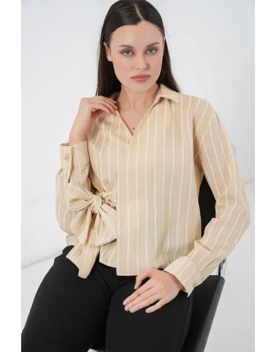 Önü Bağlamalı Çizgili Gömlek 20362 - Bej
