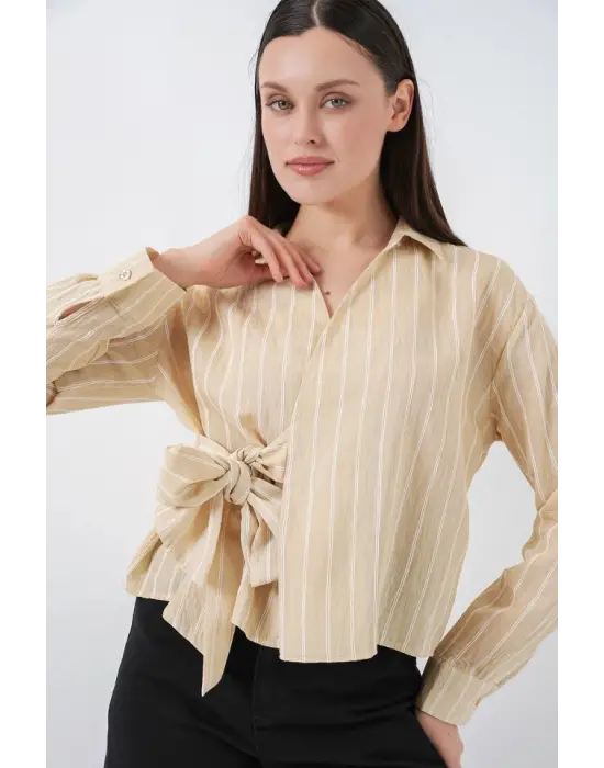 Önü Bağlamalı Çizgili Gömlek 20362 - Bej
