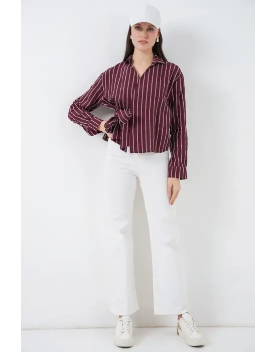 Önü Bağlamalı Çizgili Gömlek 20362 - Bordo