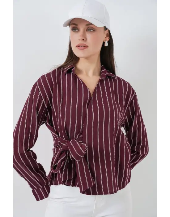 Önü Bağlamalı Çizgili Gömlek 20362 - Bordo