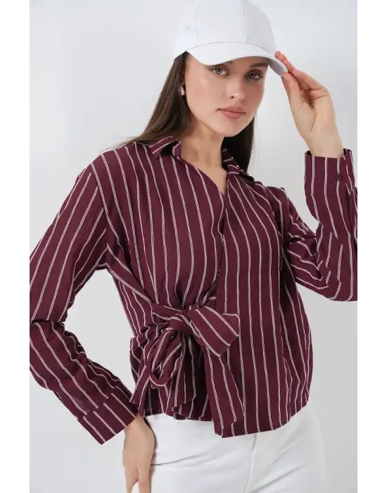 Önü Bağlamalı Çizgili Gömlek 20362 - Bordo