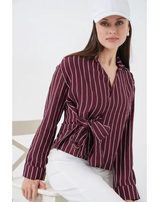 Önü Bağlamalı Çizgili Gömlek 20362 - Bordo