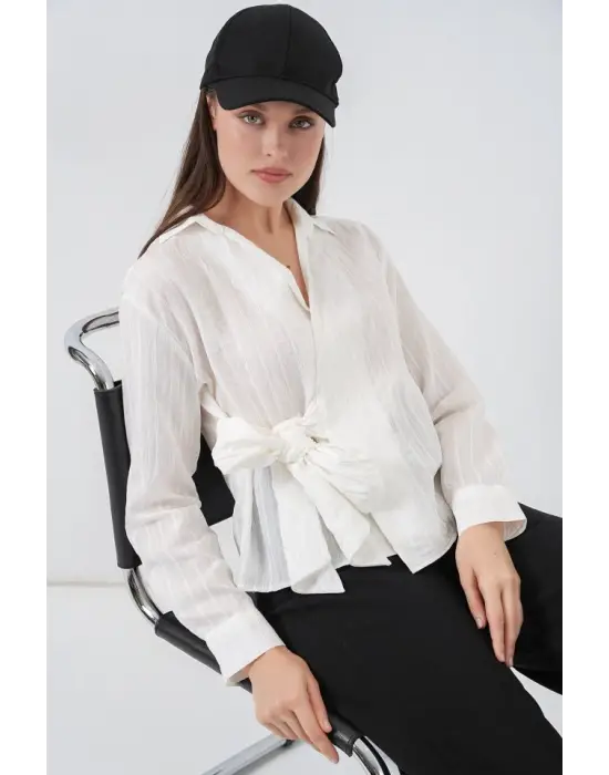 Önü Bağlamalı Çizgili Gömlek 20362 - Ekru