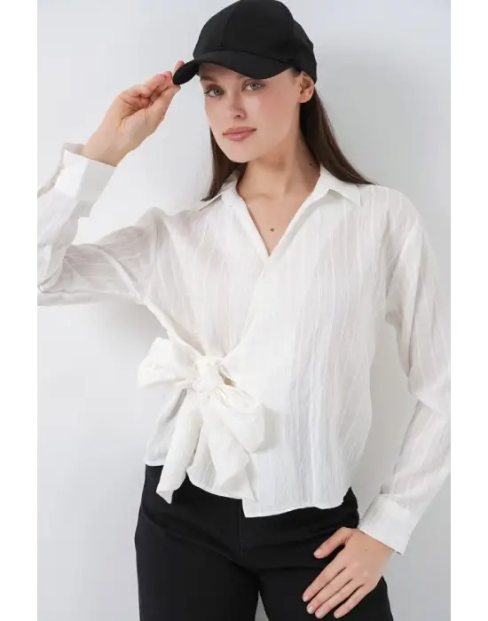 Önü Bağlamalı Çizgili Gömlek 20362 - Ekru