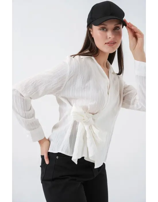 Önü Bağlamalı Çizgili Gömlek 20362 - Ekru