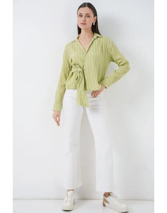 Önü Bağlamalı Çizgili Gömlek 20362 - E.Yeşil